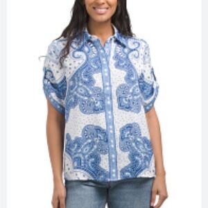 NWT Rachel Zoe White and Blue Paisley Button Down Satin Shirt size M